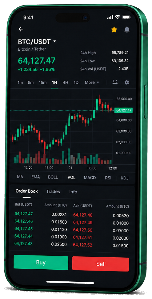 Plataforma de trading Fynvax no celular — gráfico BTC/USDT ao vivo, livro de ofertas e interface de compra e venda